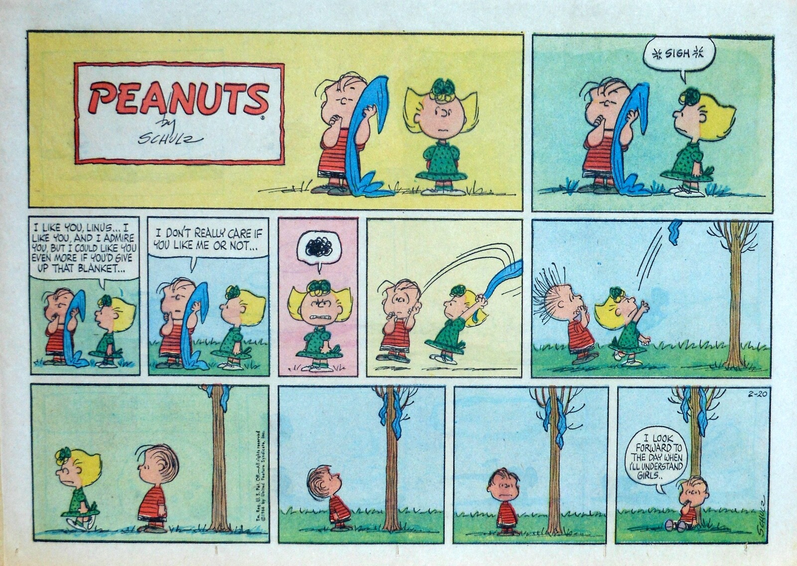 Vintage 1966 Peanuts Sunday comic by Charles Schulz - large half-page color strip