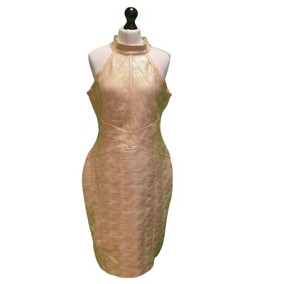 gold bandage dress uk ICON METALLIC BANDAGE BUSTIER MINI DRESS – HERVÉ LÉGER main image 1