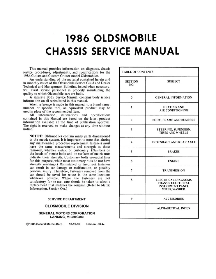 Oldsmobile Cutlass Supreme 1986 y manual de servicio de salón Foto 2 de 4