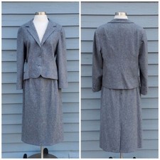 Vintage 80s Retro Preppy Acadamia Gray Wool Blend Blazer Skirt Suit Set SM/MD