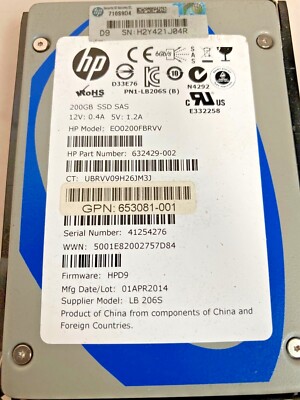632429-002 HP 200GB SAS Enterprise Performance 6G SC 2.5'' SSD 653078-B21 W/ Tray