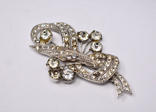 Vintage Brosche signiert 30er-40er Jahre Staret klar Strass Band Blumenstrauß - Bild 4 von 6