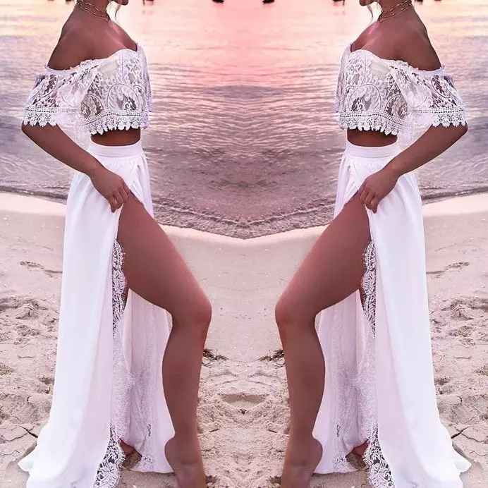 Sexy Women Off Shoulder Beach Dress Two Piece Crop Top And Skirt