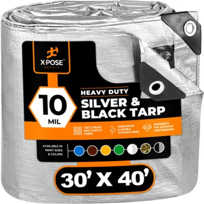XPOSE SAFETY 30' x 40' Heavy Duty Silver/Black Poly Tarp 10 Mil Cover Tent RV Boat Tarpaulin
