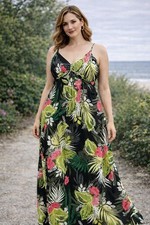 Express Tropical Print Maxi Dress XS Black Pink Hawaii Beach Vaca