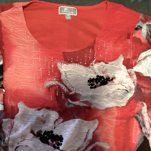 JM Collection Shirt Damen Large Petite Rot Schwarz Blumen Schmetterling Kurzarm - Bild 14 von 16