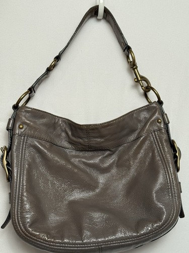 COACH Zoe Patent Leather Hobo Shoulder Bag Gray Silver Brass Hardware - Picture 3 of 12