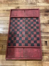 Primitive Early Wood Red/Black Checkerboard Game Board Hand Made Square Nails