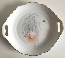 PIATTO OVALE DOPPIO MANICO PORCELLANA LA REINE ROYAL CON MOTIVO UCCELLINI E ALBERO