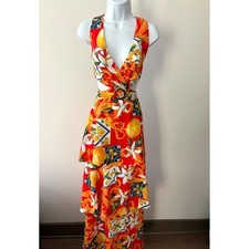 Mediterranean Italian Summer Resort Glam Dress M Lemon Tile Open Back Maxi NWT