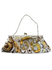 White Gold Sequin Beaded Clutch Chain Purse Evening Bag Kiss Lock NEW Party