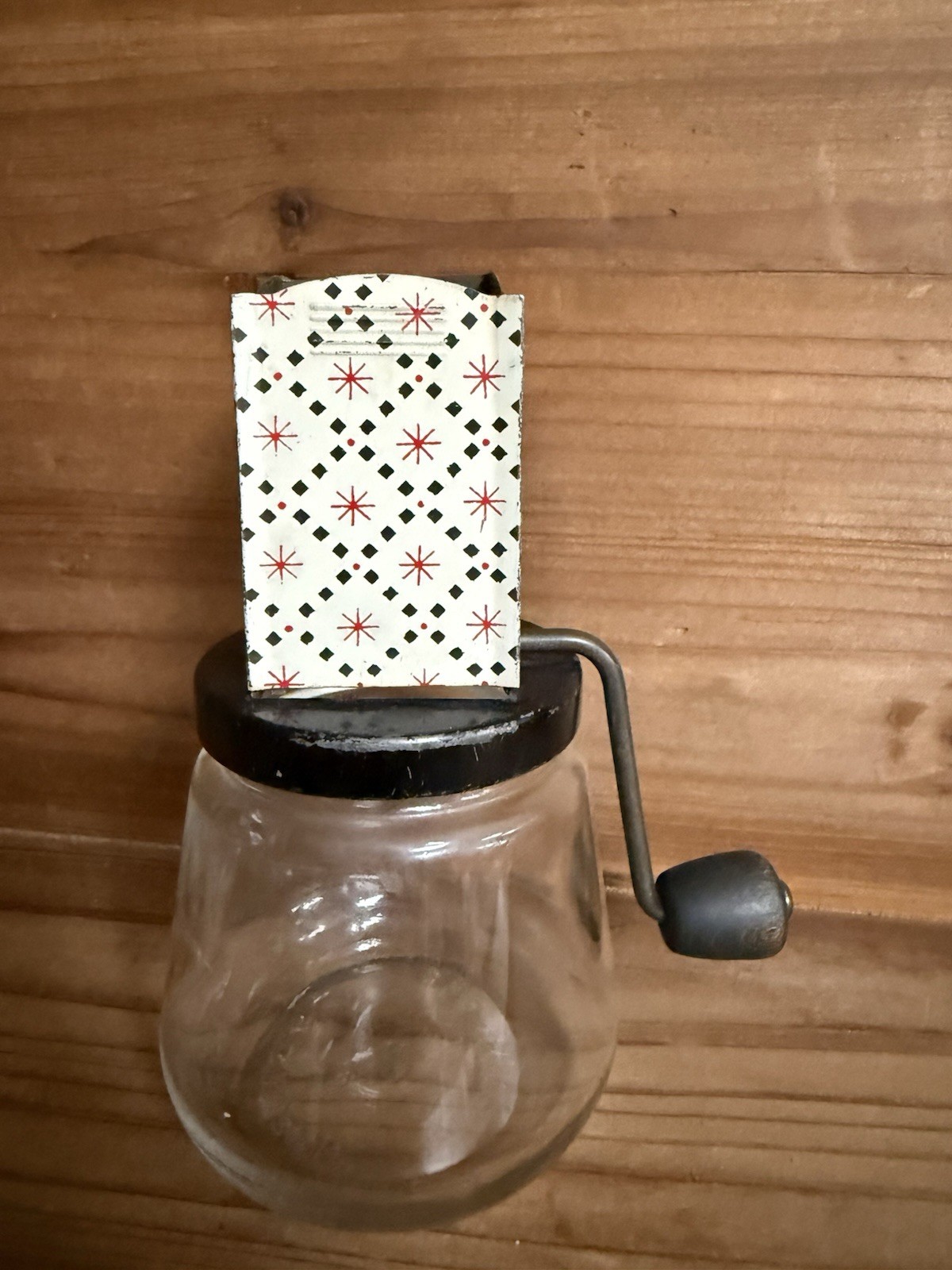 Vintage Androck #49 Nut Grinder Chopper Glass Jar Starburst Red Made In USA