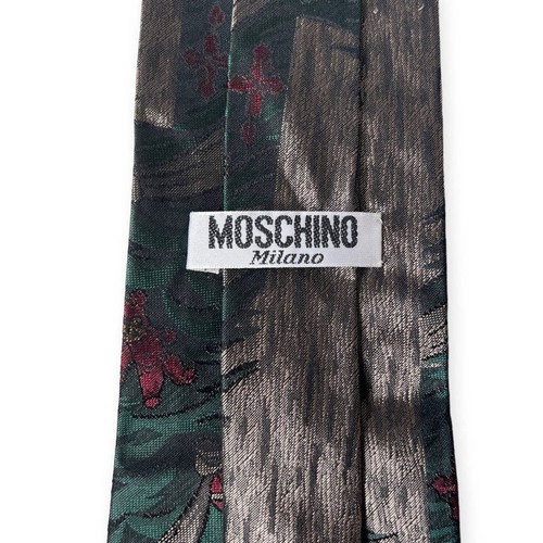 Moschino Milano Gray Greeen Red Christmas Tree Holiday 100% Silk Neck Tie - Picture 7 of 8