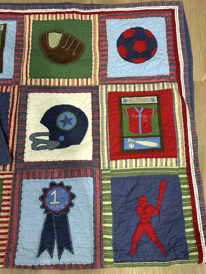 Pottery Barn Kids Sports Appliqué Embroidered Quilt Reversible Patchwork Blanket - Image 3 of 4