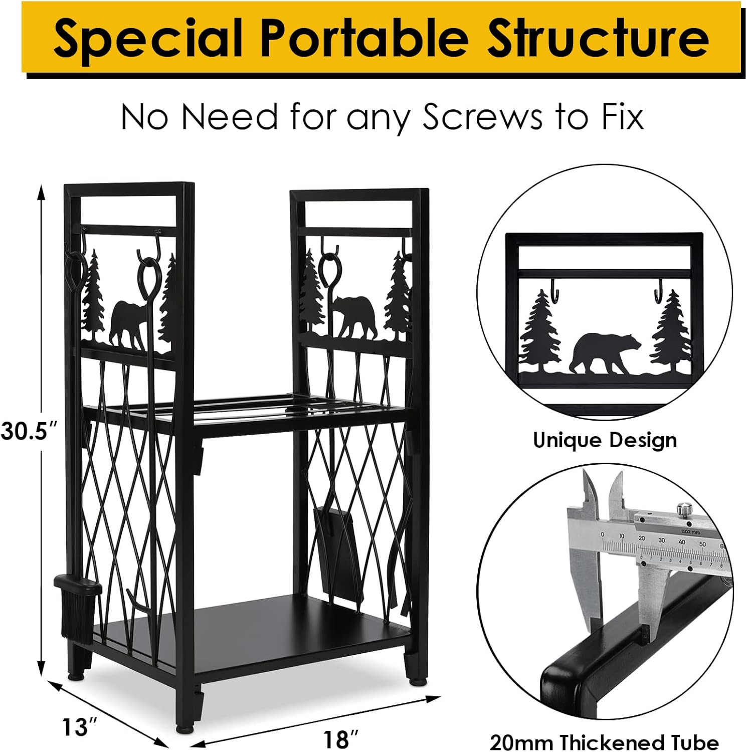 Firewood Rack with 4 Fireplace Tools, Fireplace Tool Sets Log Rack Outdoor Heavy