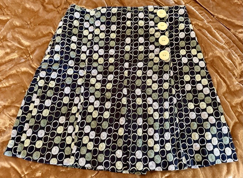 Anthropologie Elevenses Green And Black Circles Wrap Embroidered Skirt Size 4