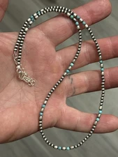 STERLING SILVER NAVAJO PEARL 3mm TURQUOISE BEADED 18.5” Plus 2” NECKLACE .925