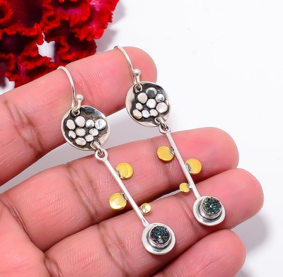 Peacock Titanium Agate Drusy 925 Sterling Silver Two Tone Earring 2.25'' E94218