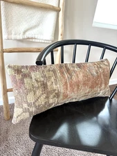 Muted Tone Kilim Lumbar Pillow Cover 10x24 Handmade Turkish Wool Cushion
