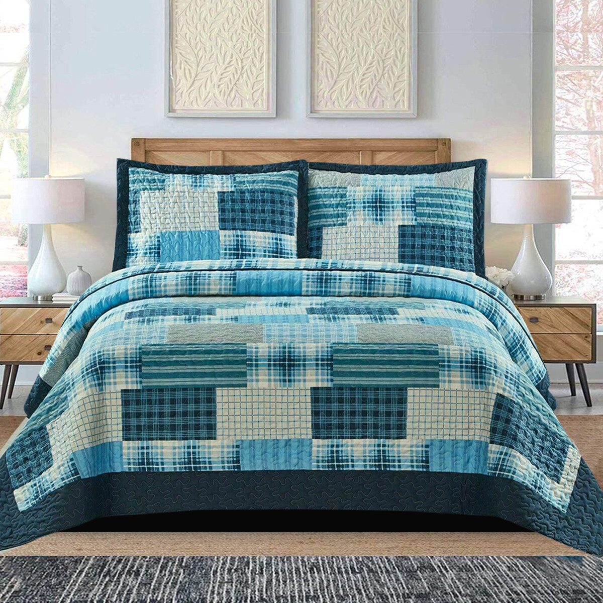 3 Piece Quilted Printed Patchwork Bedspread Comforter Set Single Double
