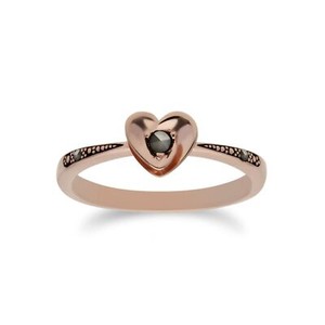 Authentic Rose Gold Plated Round Marcasite Heart Design Ring in 925 Sterling Silver