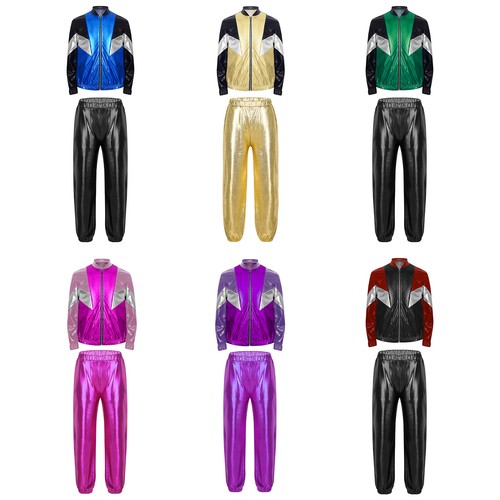 Kids Girls Suit Color Block Set Metallic Outfit Stand Collar Tracksuit Trousers - Picture 5 of 58