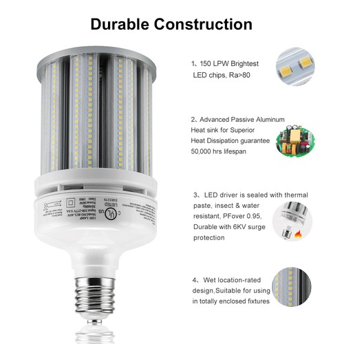 80 Watt LED Corn Cob Bulb 5000K Daylight Shoebox Parking Lot LightE39 Mogul DLC - Picture 4 of 10