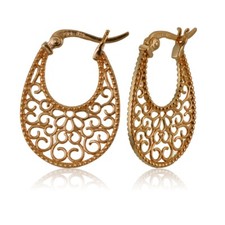 Rose Gold Flash Sterling Silver High Polished Floral Filigree Oval Flat Earrings
