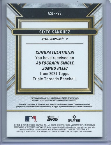 2021 Topps Triple Threads #ASJR-SS Sixto Sanchez Auto #/50 - Bild 2 von 2