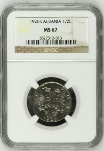 1926R Albania 1/2 Lek NGC MS 67 *TOP POP* (Hercules/Lion) "SHQIPNI"