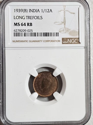 India 1/12 Anna 1939B Long Trefoils NGC MS 64 RB