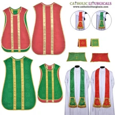 Red and Green REVERSIBLE Travel Spanish Fiddleback Vestment with 5pc mass set