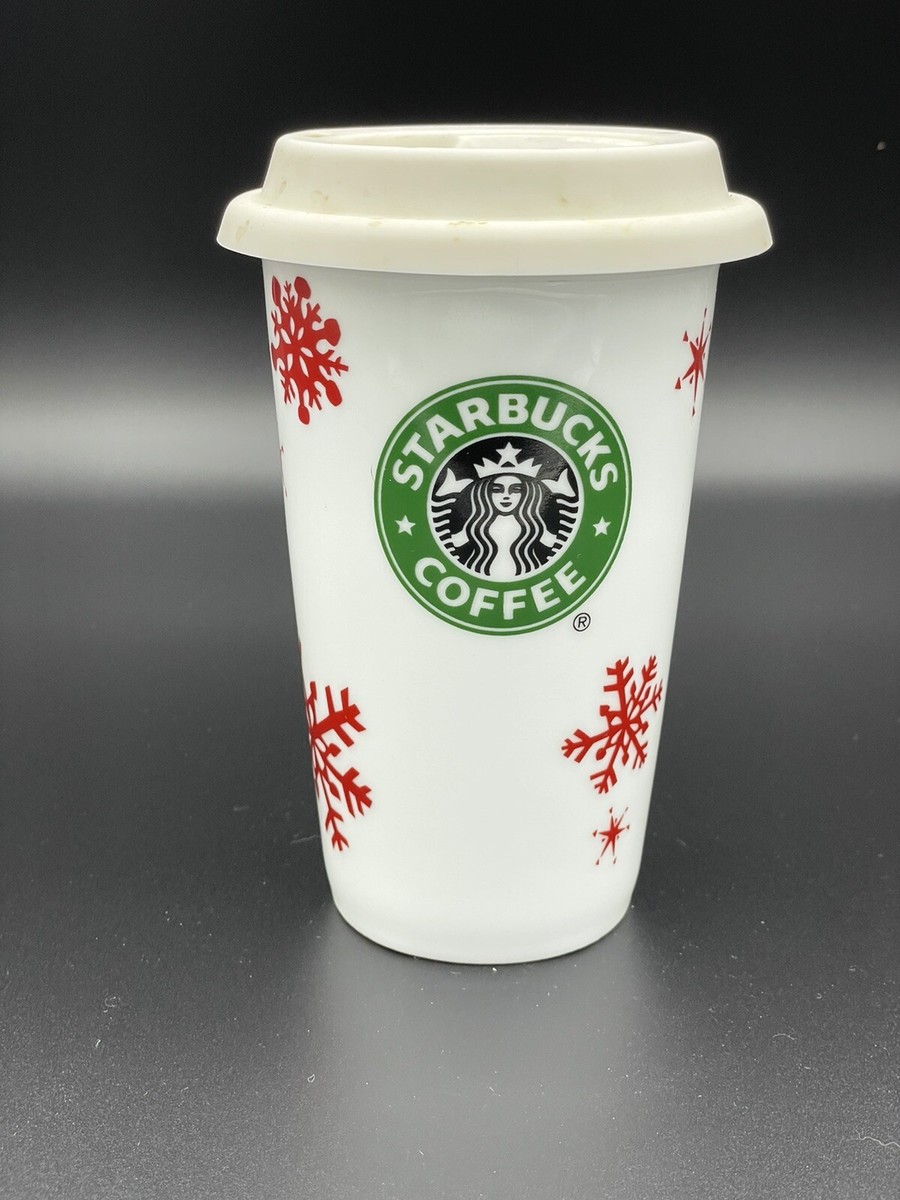 Starbucks 2010 Holiday Travel Mug Tumbler Cup White Ceramic Red Snowflakes  w Lid | eBay