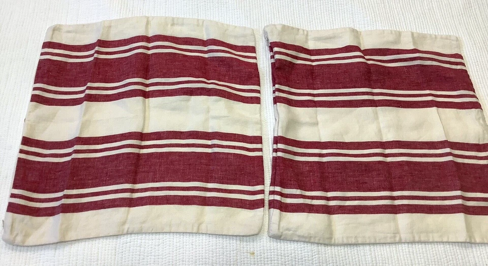 Lote de dos fundas de almohada Pottery Barn a rayas rojas crema tostadas 100 % lino 18x18" Foto 2 de 4