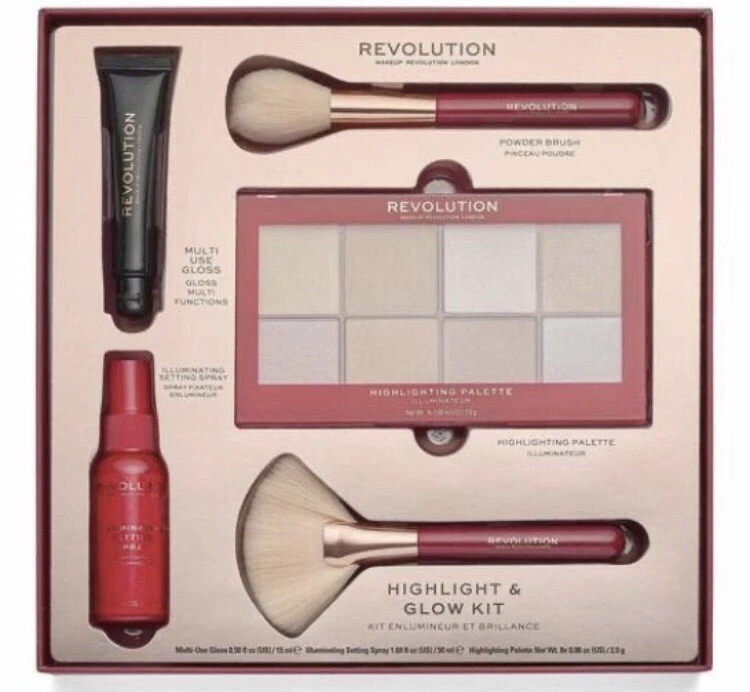 Revolution Highlight & and Glow Kit Gift Set Palette Brush Spray Multi Use Gloss