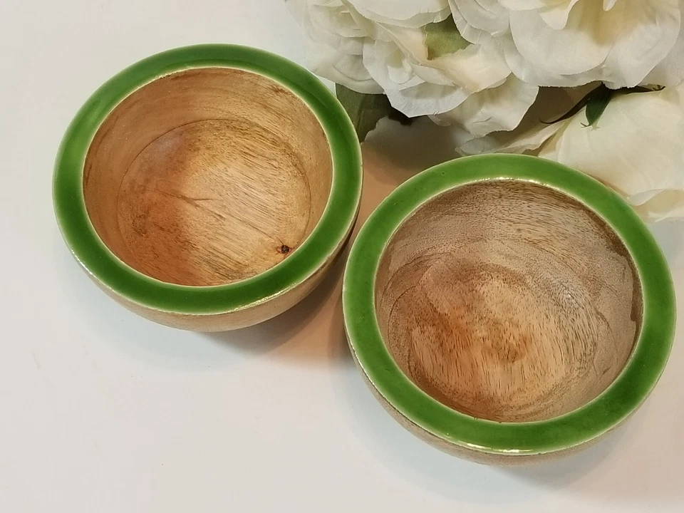 Pottery Barn Wooden Enamel Green Rim Bowls - Lot of 2 - Image 3 of 4