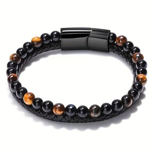 3PCS Punk Men Natural Tiger Eye Stone Leather Magnetic Buckle Bracelets Bangle - Picture 4 of 10