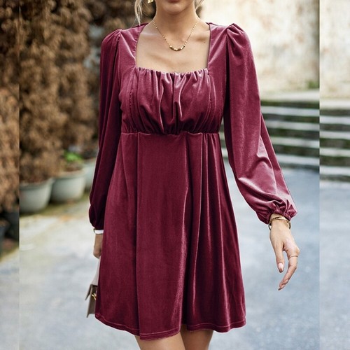 Square Neck Long Sleeve Velvet Dress Elegant High Waist A-line Dress for Womens - Picture 7 of 16