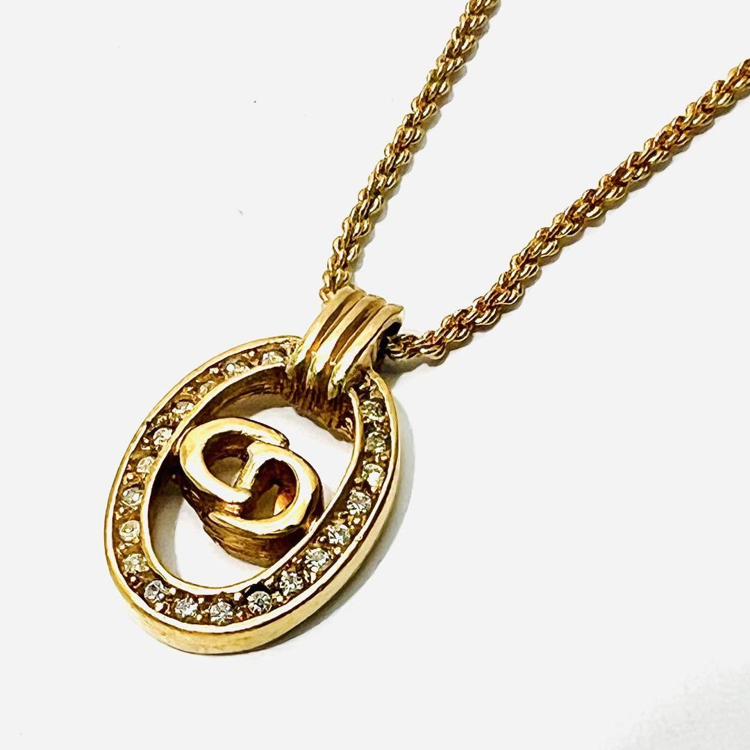 Christian Dior CD Logo Rhinestone Gold Necklace 43cm Chain Pre-Owned Japan