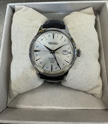 SEIKO Presage 自動巻き時計 ホワイト Seiko Presage GMT White Dial Cocktail Time Black Leather Band