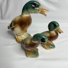 Vintage 1950's Ceramic Duck Family Figurines Set of 3 Green Brown Home Decor