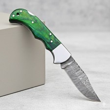 Coltello Pieghevole Damasco Fatto a Mano Lama Damascus Manico Legno con Fodero 