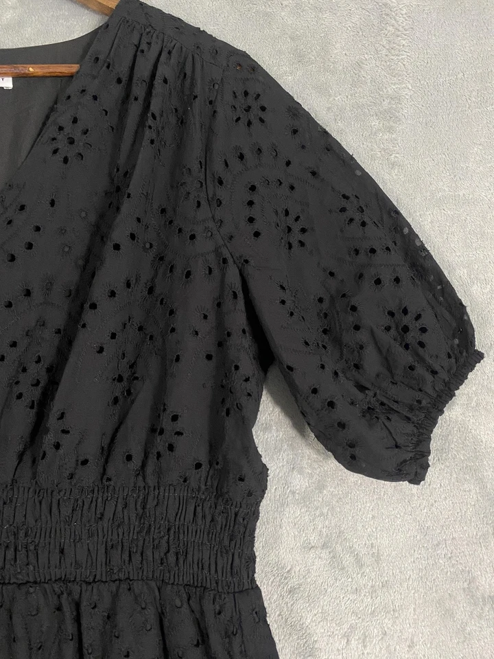 NUEVO CON ETIQUETAS WHBM Vestido Talla L Negro Manga Abullonada Ojales Midi Forrado Bolsillos Cottagecore Foto 3 de 4