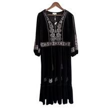 Bohme Midi Dress Black Velvet Embroidered Tassel Boho Witchy Whimsygoth New