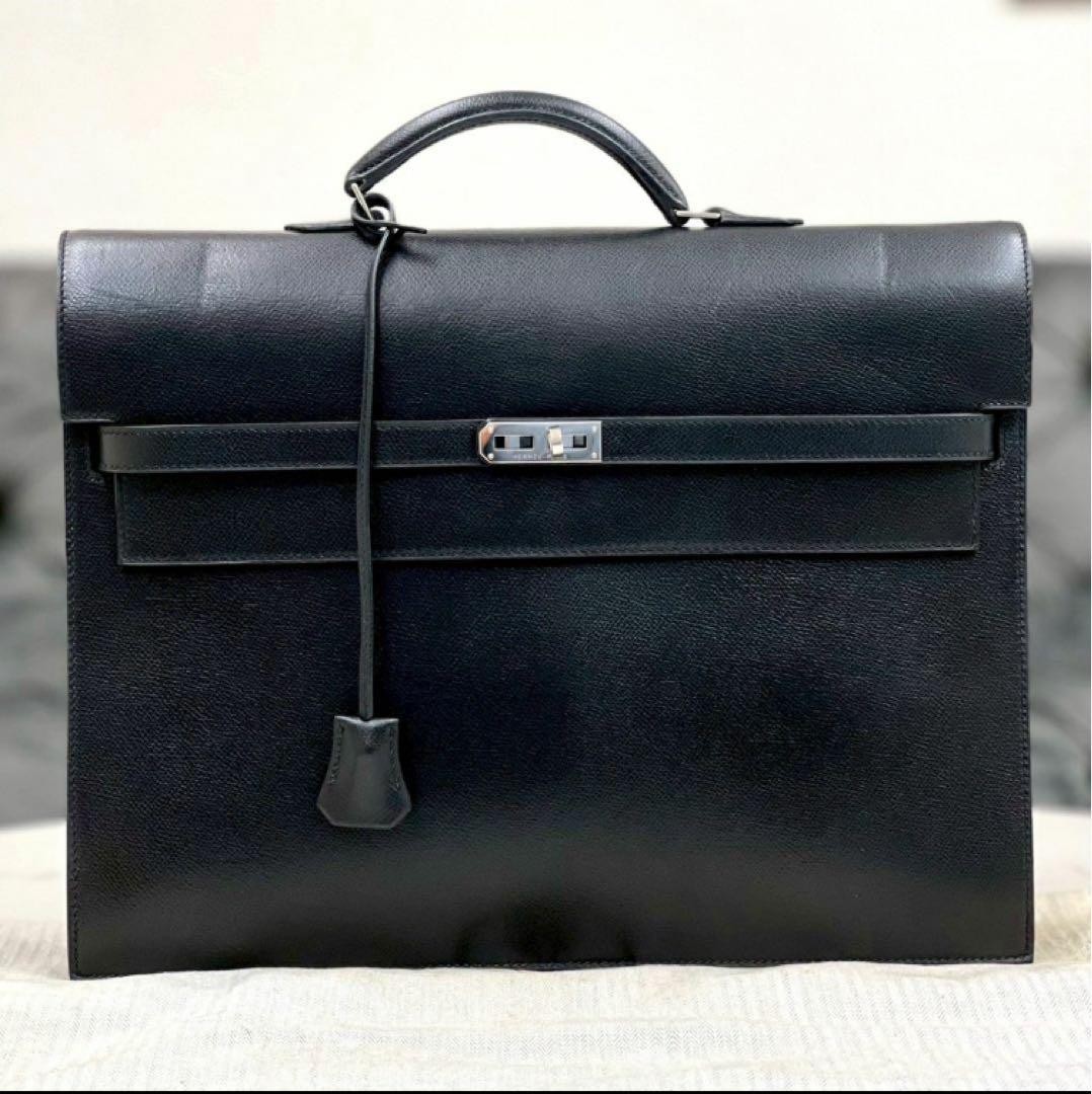 Hermes Kelly Depeche 38 Black Leather Business Bag Engraved Lock