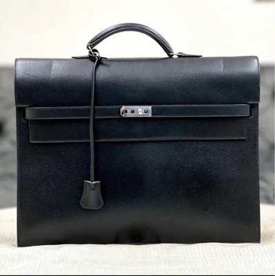 Hermes Kelly Depeche 38 Black Leather Business Bag Engraved Lock Hermes Kelly Depeche 38 Black Leather Business Bag Engraved Lock