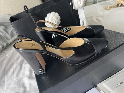 Chanel Black Goatskin & Grosgrain 90mm Slingback Heels EU 40.5/ 7.5 Box Dustbag