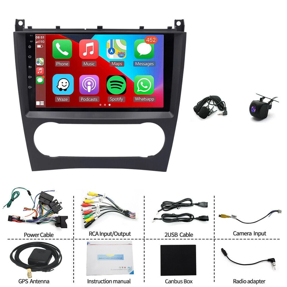 Radio de coche de 9"" para Mercedes Benz C230 C280 CLK350 2003-2009 Android15 CarPlay GPS Foto 2 de 4