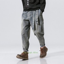 Men Harem Faded Denim Pants Jeans Loose Casual Trousers Tapered Cuff Drop Crotch