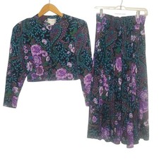Vintage Karin Stevens Outfit Size 8 Skirt Shirt Set Black Purple Floral Paisley